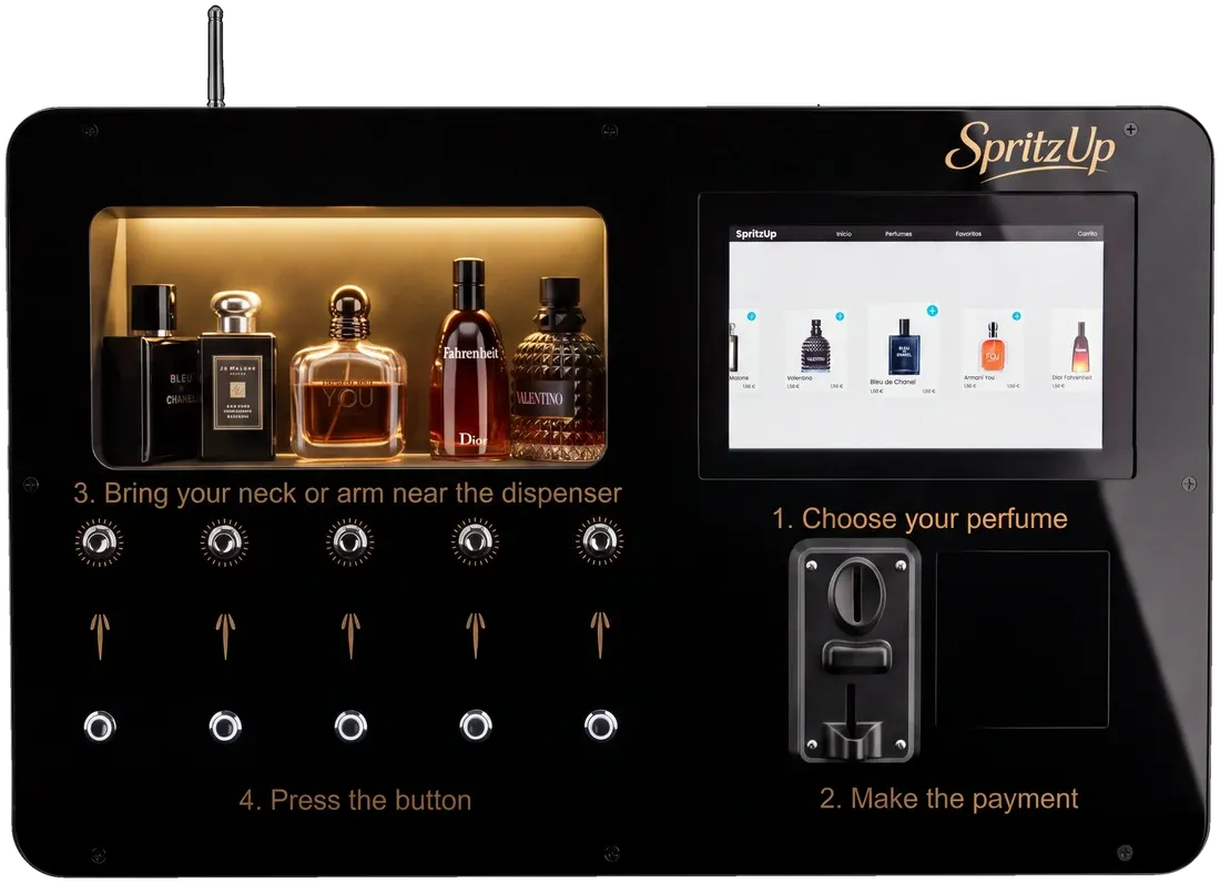 Le distributeur automatique de parfum SpritzUp en configuration Essential, avec écran tactile et monnayeur