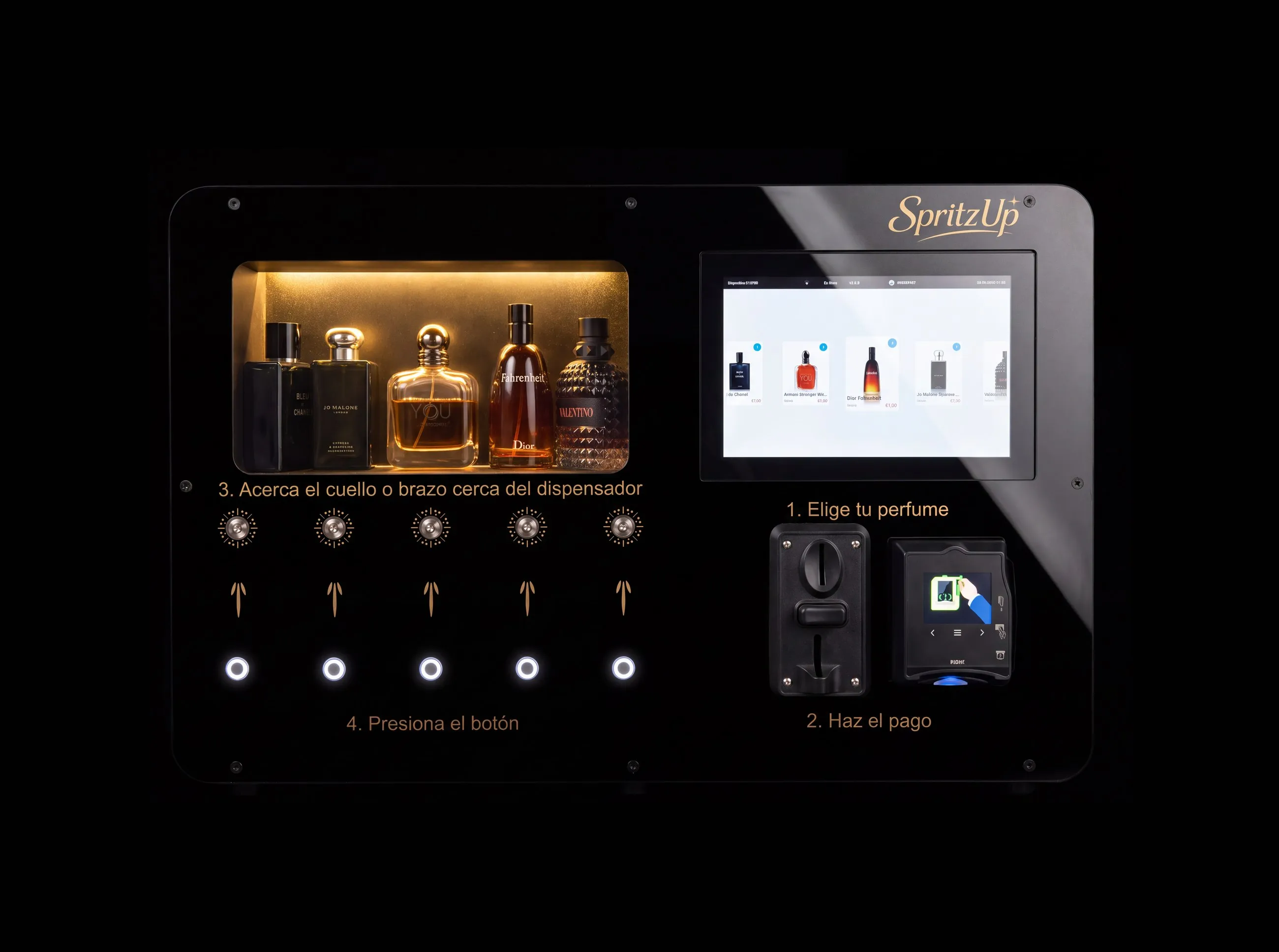 La máquina expendedora de perfumes SpritzUp, con su vitrina de perfumes iluminada, pantalla táctil y módulo de pago