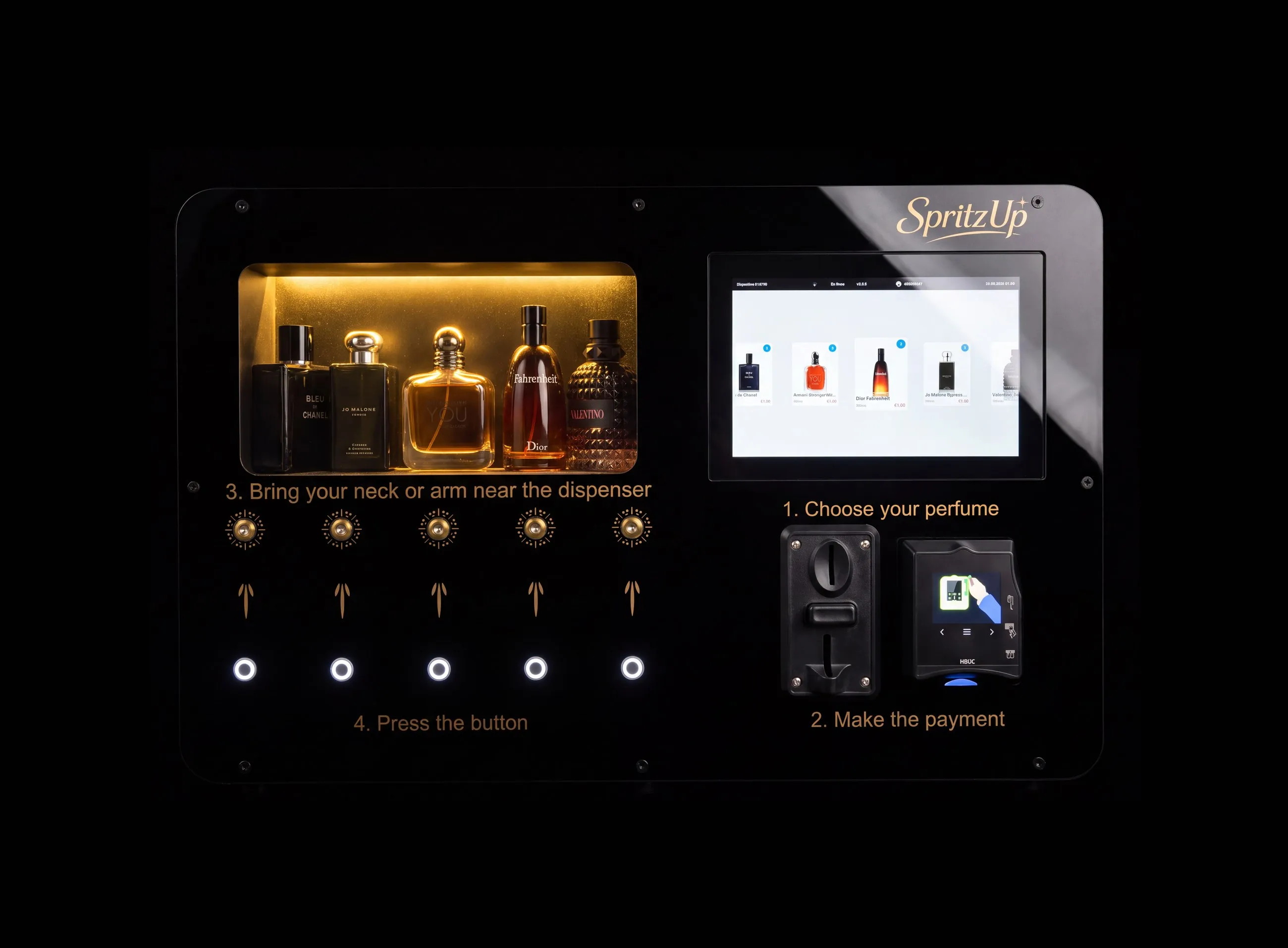 The SpritzUp perfume vending machine with its lit perfume display, touchscreen and payment module