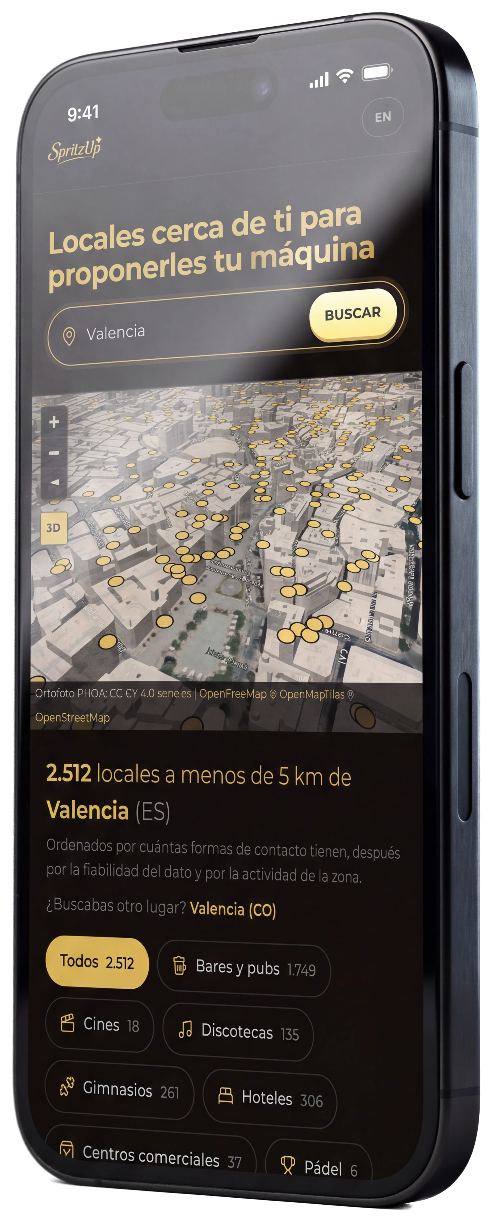 Radar SpritzUp en el móvil: los locales a menos de 5 km de Valencia en 3D